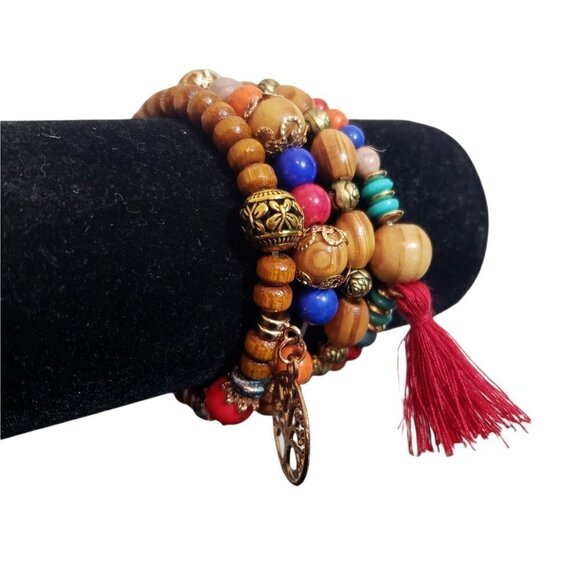 Women Pink Tassel Tree Of Life Bohemian Beads Multilayer Tasseled Boho Bracelets - Picture 1 of 5